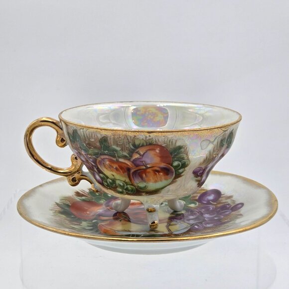 Royal Sealy Japan Lusterware Teacup Saucer Grapes Apples Gold Trim - Picture 4 of 10